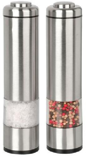 Kalorik PPG 26914 Electric Salt and Pepper Grinder Set, Electric salt & pepper mill, Product size (salt) dia 2 x 2 x 8.25, Product size (pepper) dia 2 x 2 x 8.25, With light, Ceramic grinder mechanism to avoid rust issues, Adjustable grinding level (with a screw), Bottom lid (to close when not used), Stainless steel housing (SUS-201), 4 x AA bateries operated (batteries are not included), UPC 877340001673 (PPG26914 PPG 26914)
